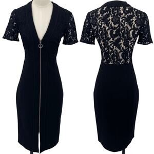 Lover the Label Dress Exposed Front Zipper V Neck Plunge Lace Overlay Black XS